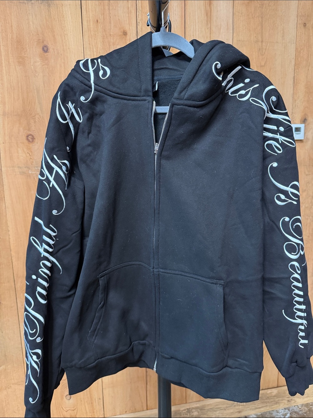 YOURS TRULY Black Full-Zip Hoodie with Script Sleeve Detail